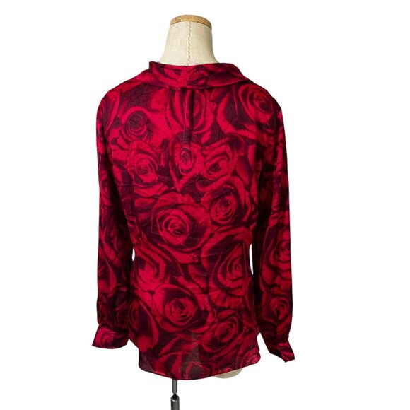 WHBM women's blouse 8 red rose print button down long sleeve top satin feel NWT - Picture 8 of 9